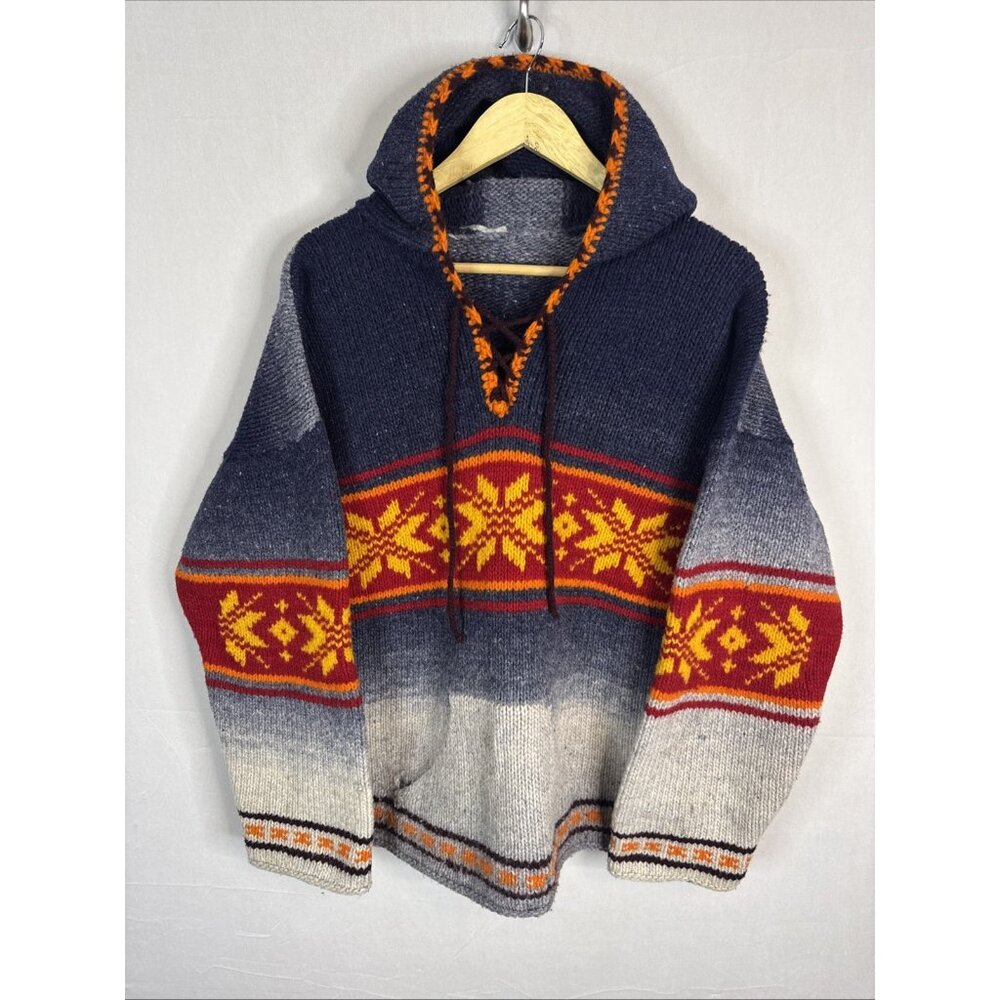 Vintage Hand Knit‎ Hoodie Sweater Women M Nordic Wool Baja Style